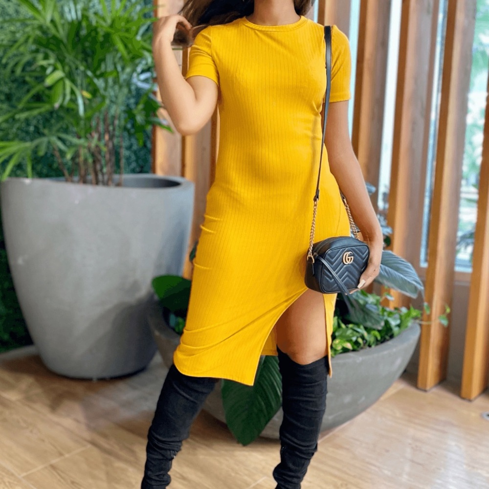 Mustard Midi Split Dress